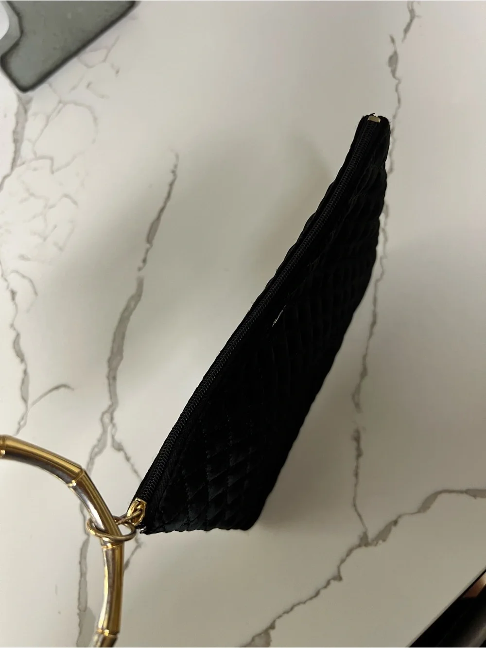 Quilted Black Wristlet Pouch with Gold Ring